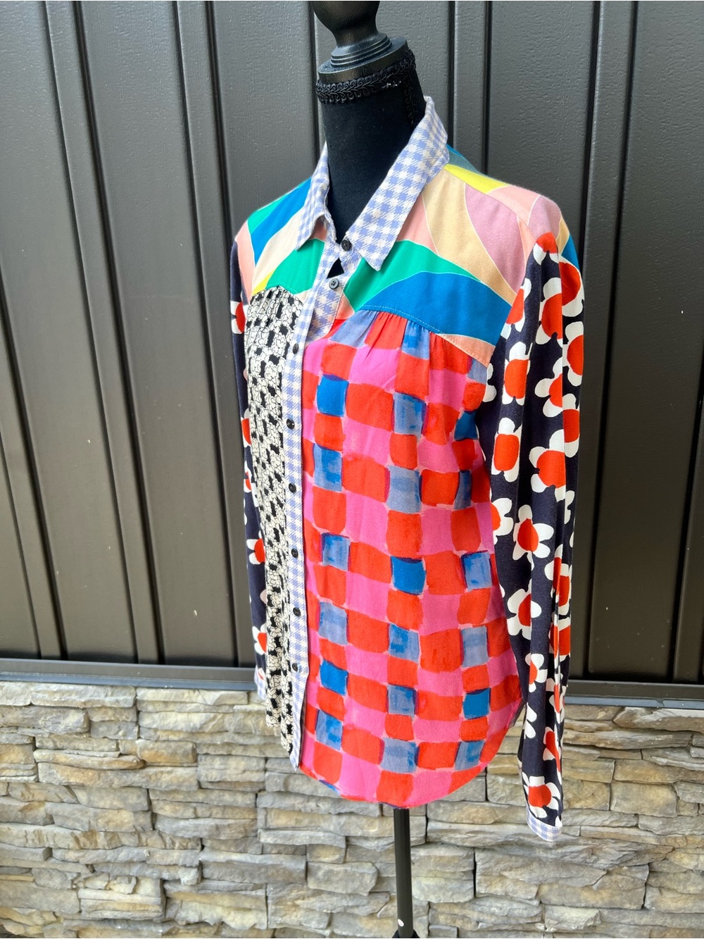 Anthropologie Colorblock Floral & Check Button-Up Blouse - Picture 7 of 7